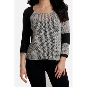 French Kyss Crochet Raglan Crew Sweater S Black Colorblock Heart Open Knit NWT